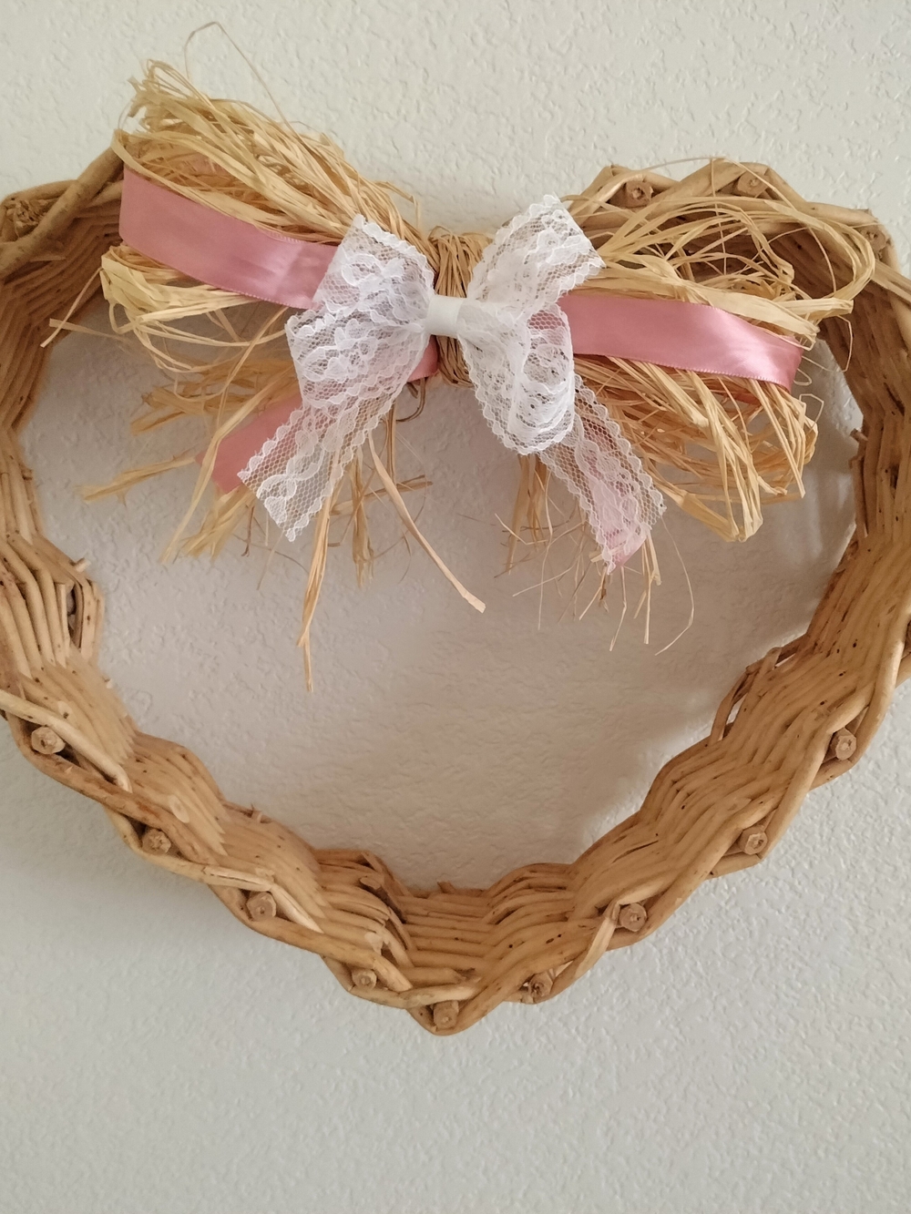 Heart Shaped Wicker Wreath with Detachable Pink Satin & White Lace Bow